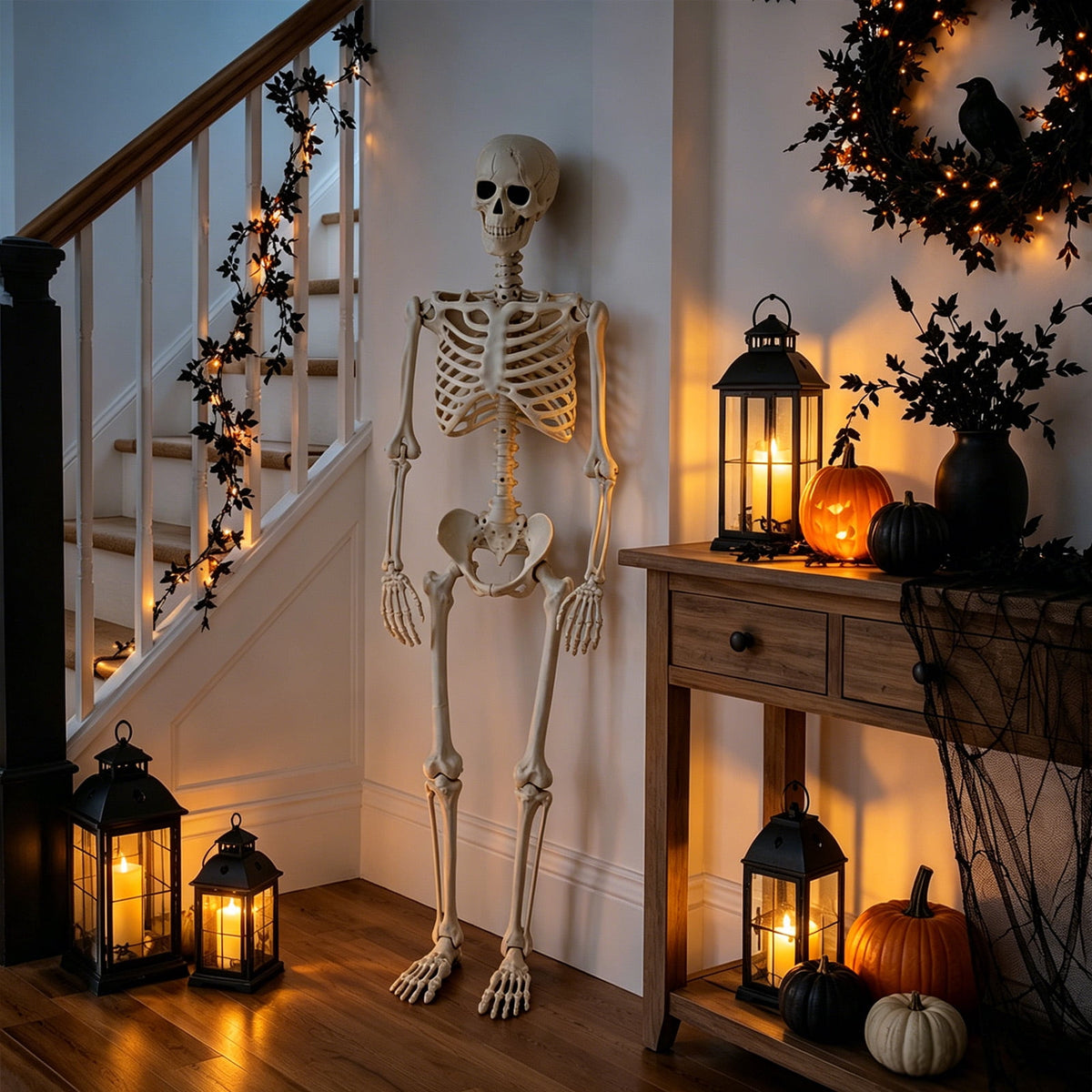 Halloween Skeleton Decorations, 53" Realistic Full Body Movable Posable Joints Skeleton, Creepy Halloween Skeleton for Graveyard Decorations, Haunted House Props Indoor/Outdoor Decor