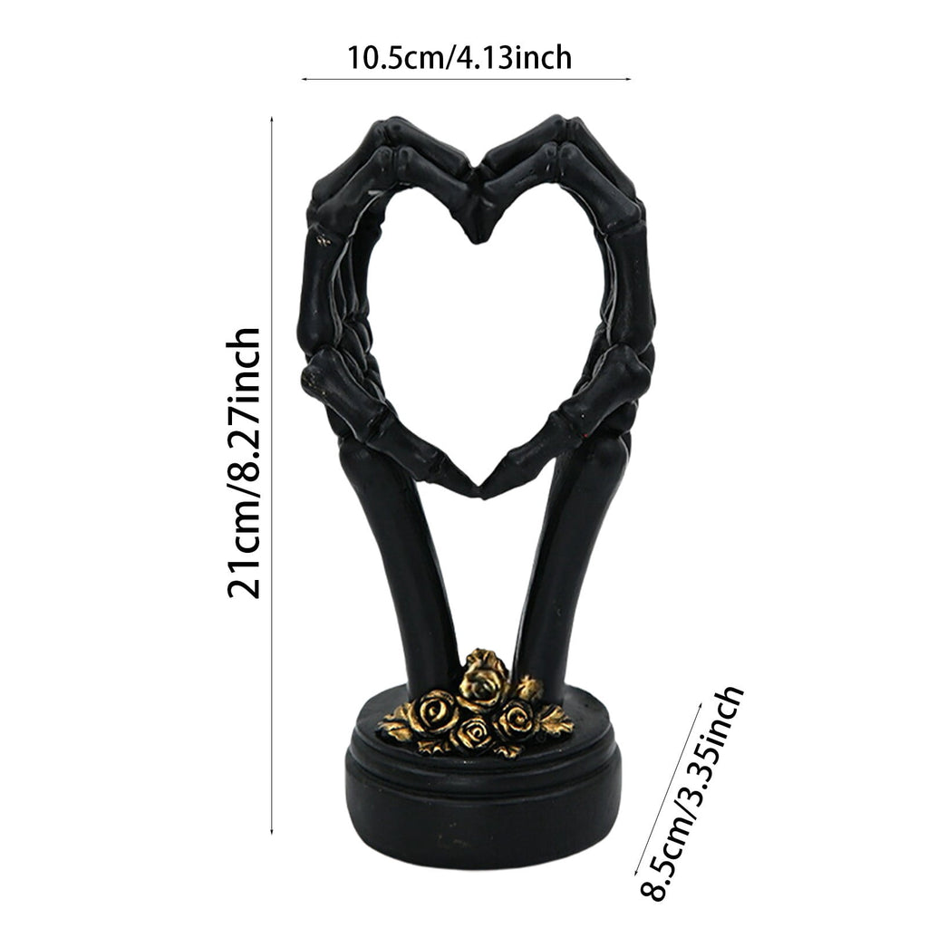 3Pcs Halloween Skeleton Heart Hands Sculpture, Resin Abstract Bone Finger Gesture Statue with Floral Ornament Base, Gothic Home Desktop Decor for Shelf, Mantel, Dressing Table and Party Display