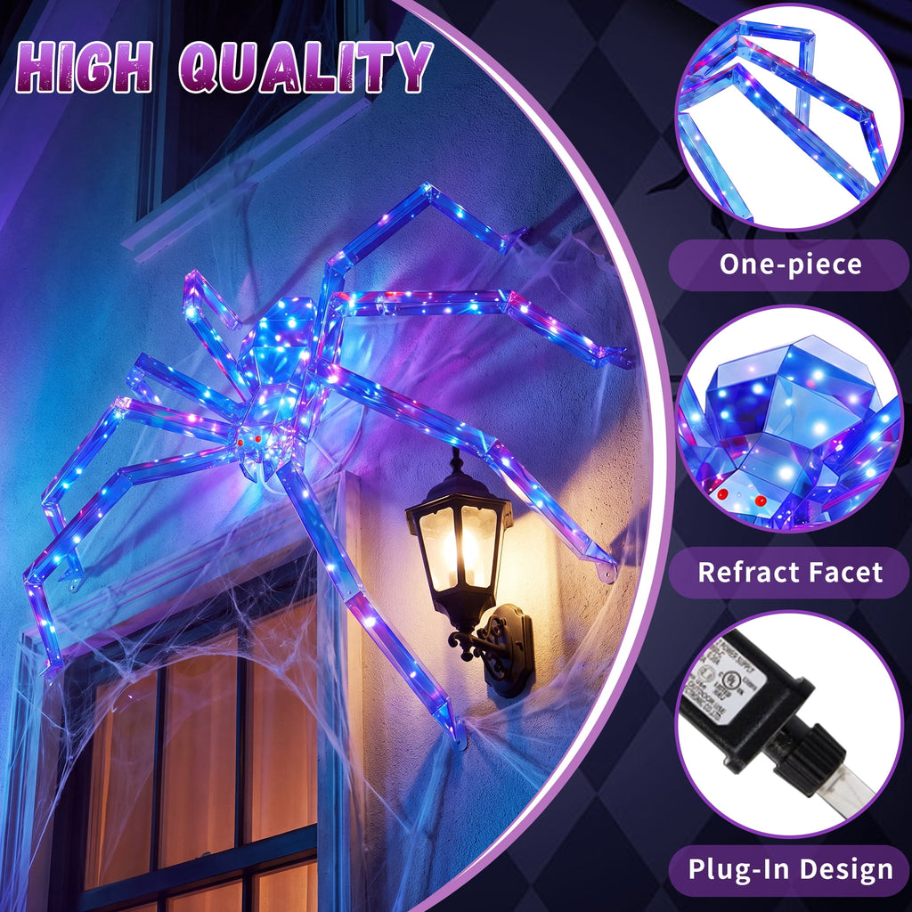 47-Inch Prismatic Iridescent Spider Halloween Decoration with 150 LED Lights, Red Glowing Eyes, Metal Base and Ground Stakes