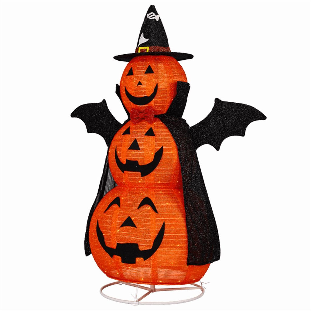 Alvantor 5 ft Lighted 3-Tier Pop-Up Pumpkin Halloween Decoration with Witch Hat, Cape, Bat Wings and 130 Warm White LEDs, Orange