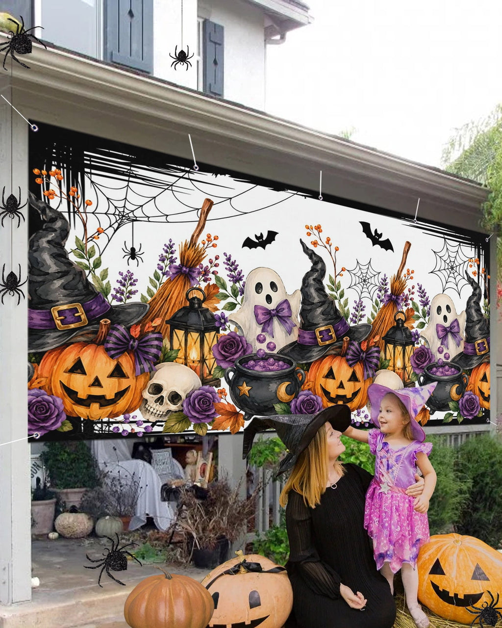 Halloween Garage Door Banner Cover 7 x 16 ft Fall Fantasy Ghosts Wizard Hats Lanterns Bubbling Potions Garage Door Decoration Hanging Garage Door Cover Backdrop Wall Decoration for Outdoor Home Party