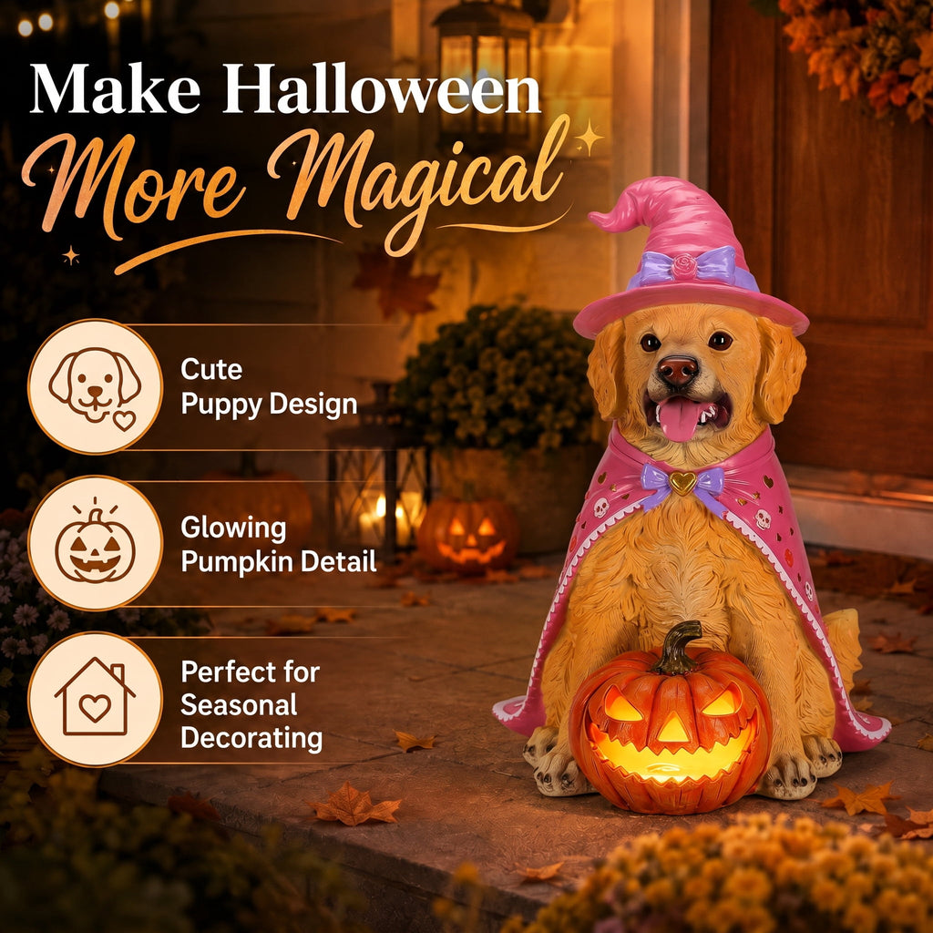 A7Store Halloween Golden Retrieve Dog Indoor Outdoor Porch Statue with Lighted Pumpkin, Pink Witch Hat and Cape