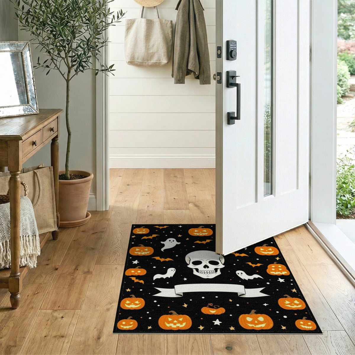 ODIKA Halloween Ghost Pumpkin Bat Skull Welcome Doormat Fiber Door for Dorm Room, Small Living Apartment, Stain Resistant Low Profile