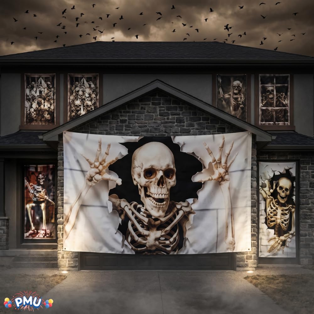 PMU 7-Piece Halloween Garage Door Cover Set, 16 x 7 ft, Skeleton Window & Door Decorations