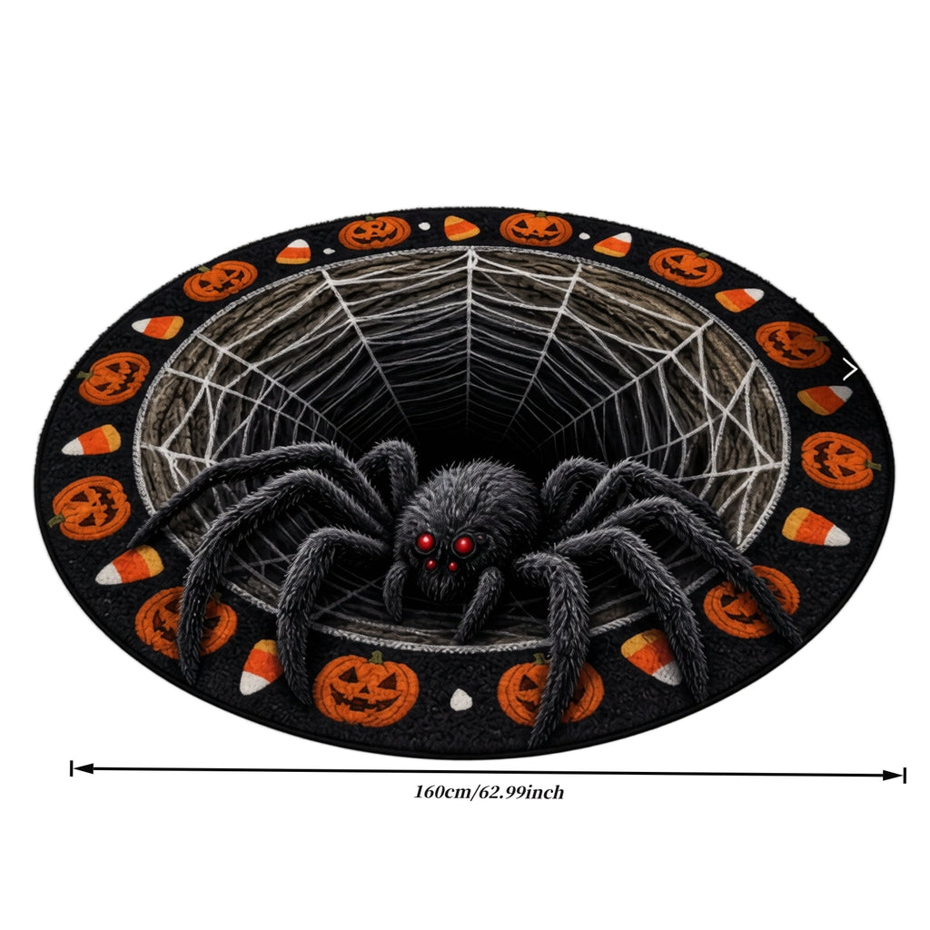 3D Halloween Spider Rug Round, Non-Slip Illusion Doormat with Pumpkin Candy Corn, Scary Web Floor Mat for Front Door Entryway Living Room Indoor Holiday Decor Party Props