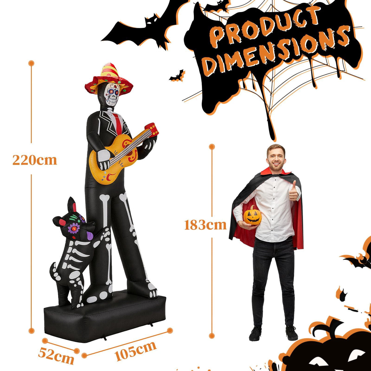 7.3FT Inflatable Ghost Musician with Puppet 6 LED Lights Black Orange Halloween Yard Decor