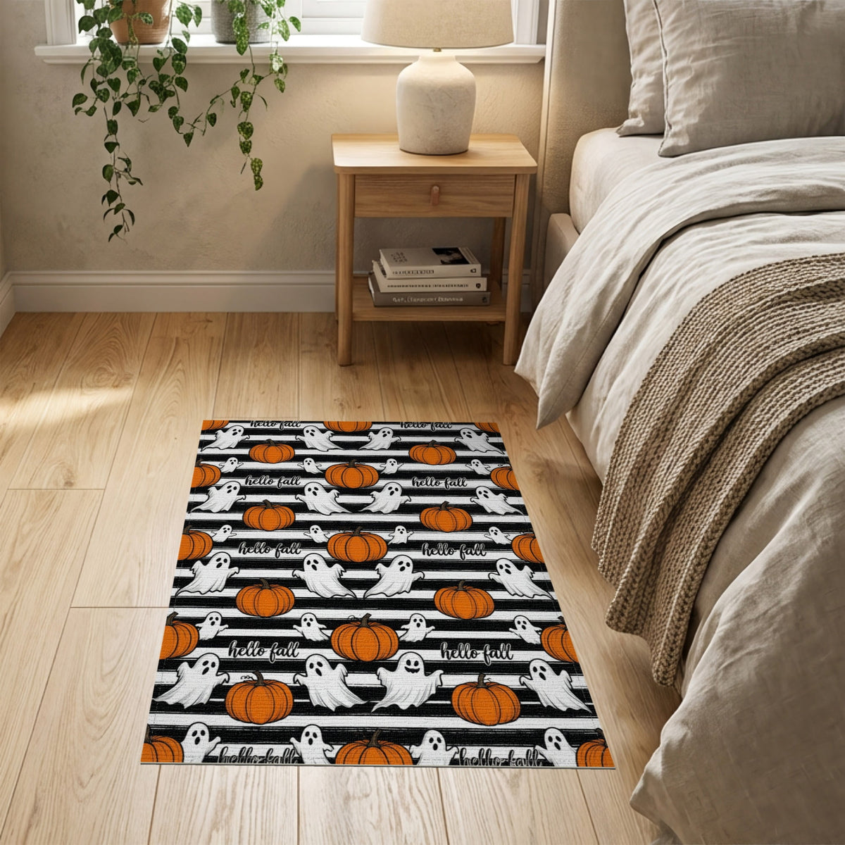 ODIKA Halloween Spooky Pumpkin Phantom Striped Entrance Door Doormat for Playroom, Bedroom, Reading Nook, Pet Friendly & Kids Safe Play