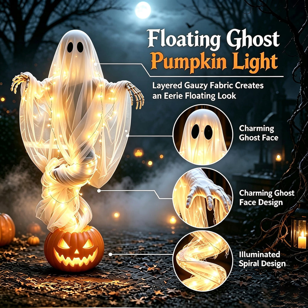 51 Inch Halloween Floating Ghost Pumpkin Light, Light-Up Gauzy Ghost with Skeleton Hands for Outdoor Yard, Porch, Patio, Spooky Party Displays, Events, and Gifts