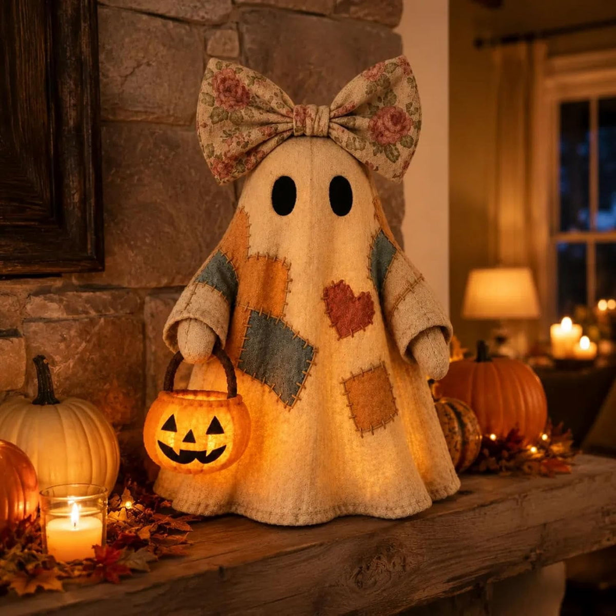Lighted Vintage Patchwork Ghost, 13.8in LED Sweet Ghost with Pumpkin Lantern, Patchwork Ghosts Lamp for Halloween Decor, Harvest Fall Halloween Decorations for Mantel Shelf Entryway Porch (3Pack)