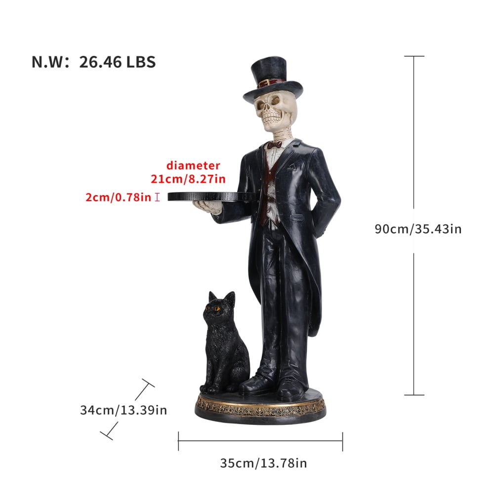 Halloween Skeleton Butler Floor Statue with Serving Tray & Black Cat, Resin Gothic Home Decor for Entryway Porch Living Room