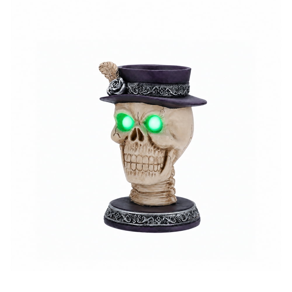 Halloween Skeleton Butler Floor Statue with Serving Tray & Black Cat, Resin Gothic Home Decor for Entryway Porch Living Room