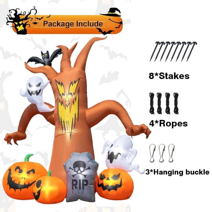 Coolmade 8 ft Halloween Inflatable Dead Tree, Blow‑Up Yard Decor with Built‑in LED Lights, Pumpkin Ghost Tombstone Bat for Lawn Garden Party