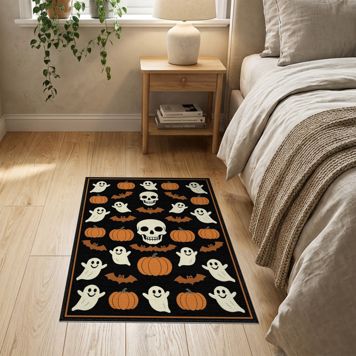 ODIKA Retro Halloween Welcome Featuring Ghosts Pumpkins Bats Skulls Non-Slip Flatwoven for Living Room, Under Sectional, Family