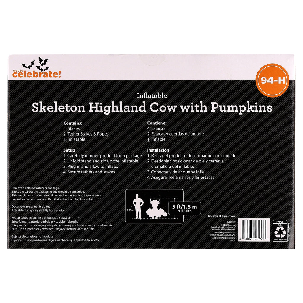Skeleton Highland Cow with Pumpkins Airblown Yard Inflatable, Multicolor, 5', Halloween by Way To Celebrate