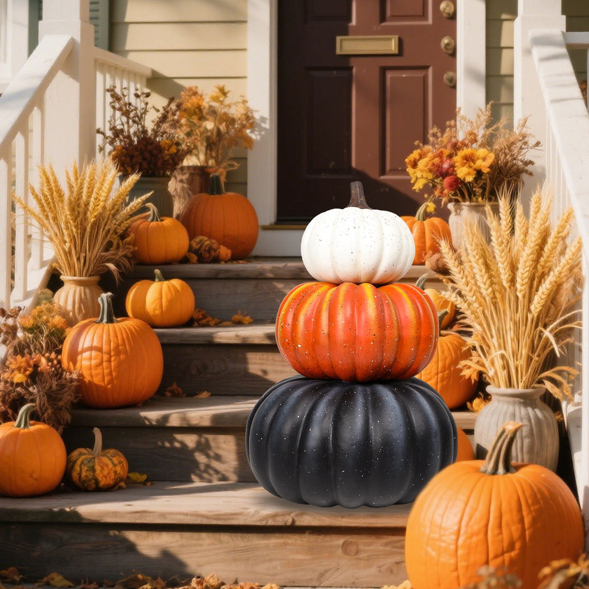 Large 3 - Tiered Colorful Pumpkin Stack Decor: Thanksgiving,Fall & Halloween Outdoor/Indoor Display,Pumpkin Harvest Decoration 1PC