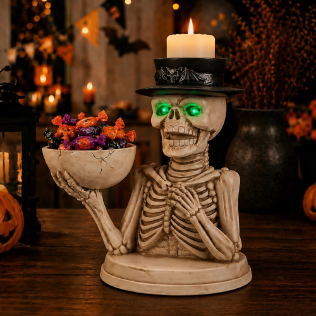 Halloween Skeleton Butler Floor Statue with Serving Tray & Realistic Black Cat, 35.43 Inch Gothic Resin Standing Decor for Entryway, Porch, Living Room, Halloween Party Home Decoration