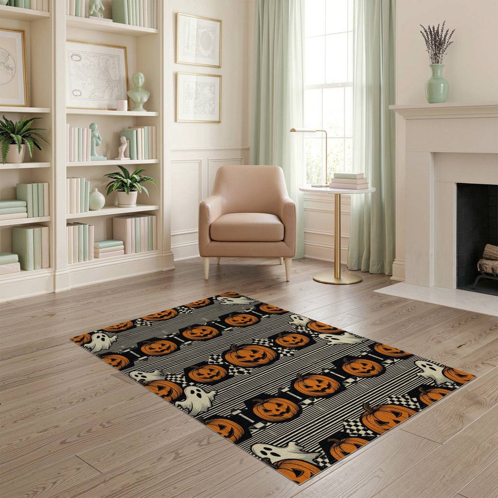 ODIKA Halloween Spooky Pumpkin Phantom Striped Entrance Door Doormat for Playroom, Bedroom, Reading Nook, Pet Friendly & Kids Safe Play
