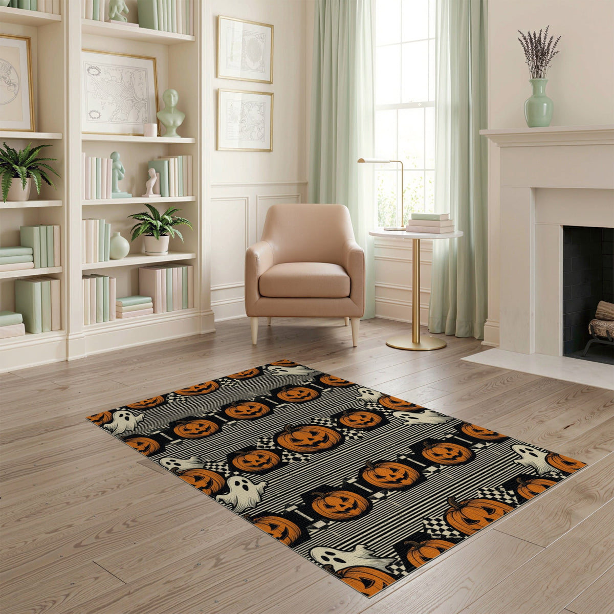 ODIKA Halloween Spooky Pumpkin Phantom Striped Entrance Door Doormat for Playroom, Bedroom, Reading Nook, Pet Friendly & Kids Safe Play