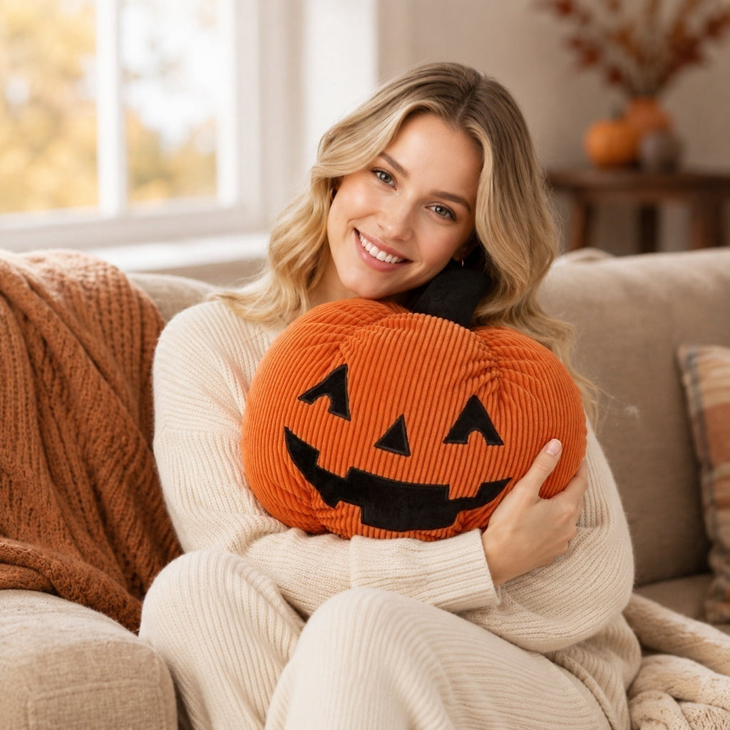 Corduroy Jack-o'-Lantern Throw Pillow, 11" Fabric Pumpkin Tabletop Mantel Shelf Fall Autumn Thanksgiving Halloween Decorations for Home, Terracotta Orange Corduroy