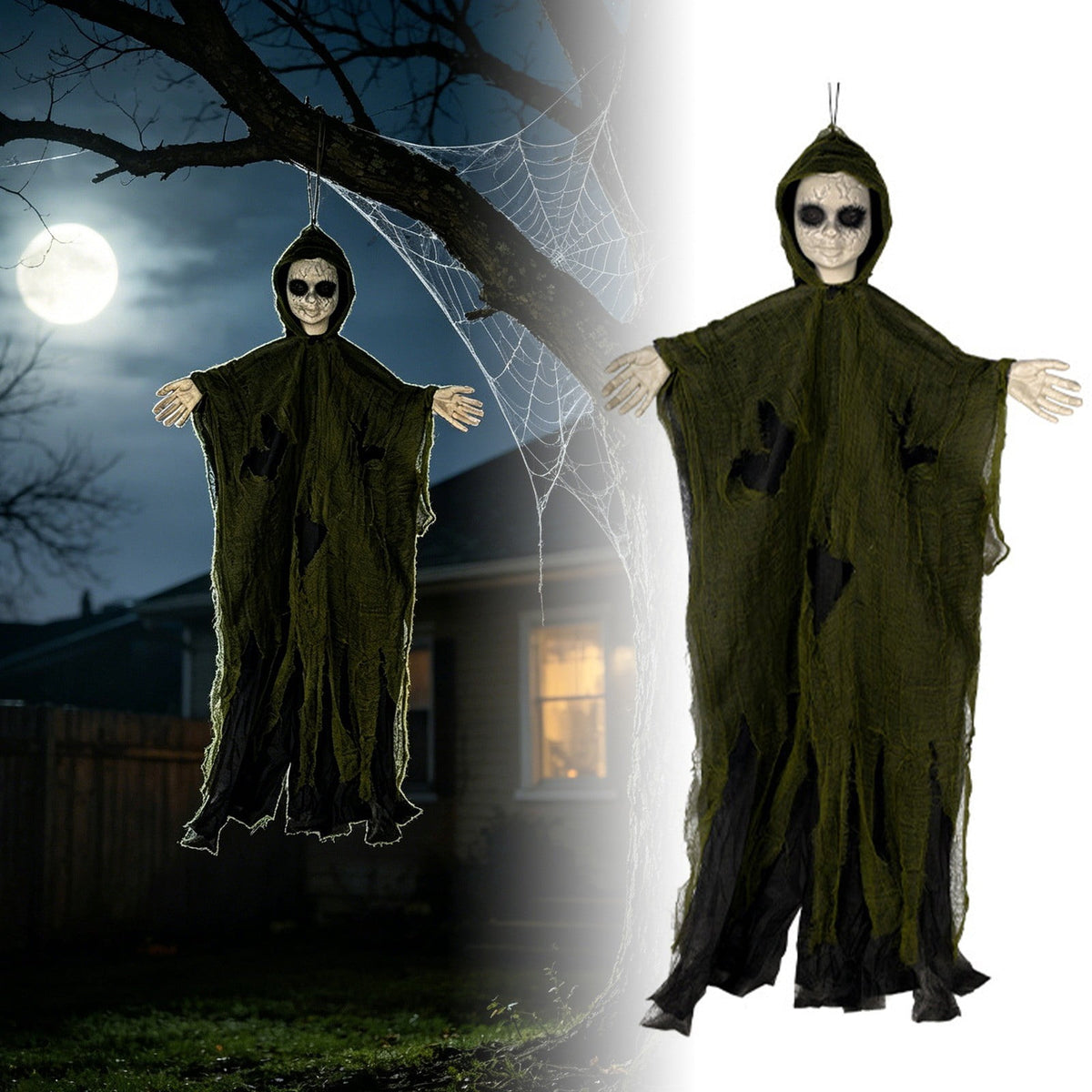 Halloween Witch Hanging Decoration, 45" Scary Witch Skeleton Hangings, Glowing Specters Pendant for Halloween Festival, Eerie Skull Ornament for Party Haunted House Outdoor Props, A