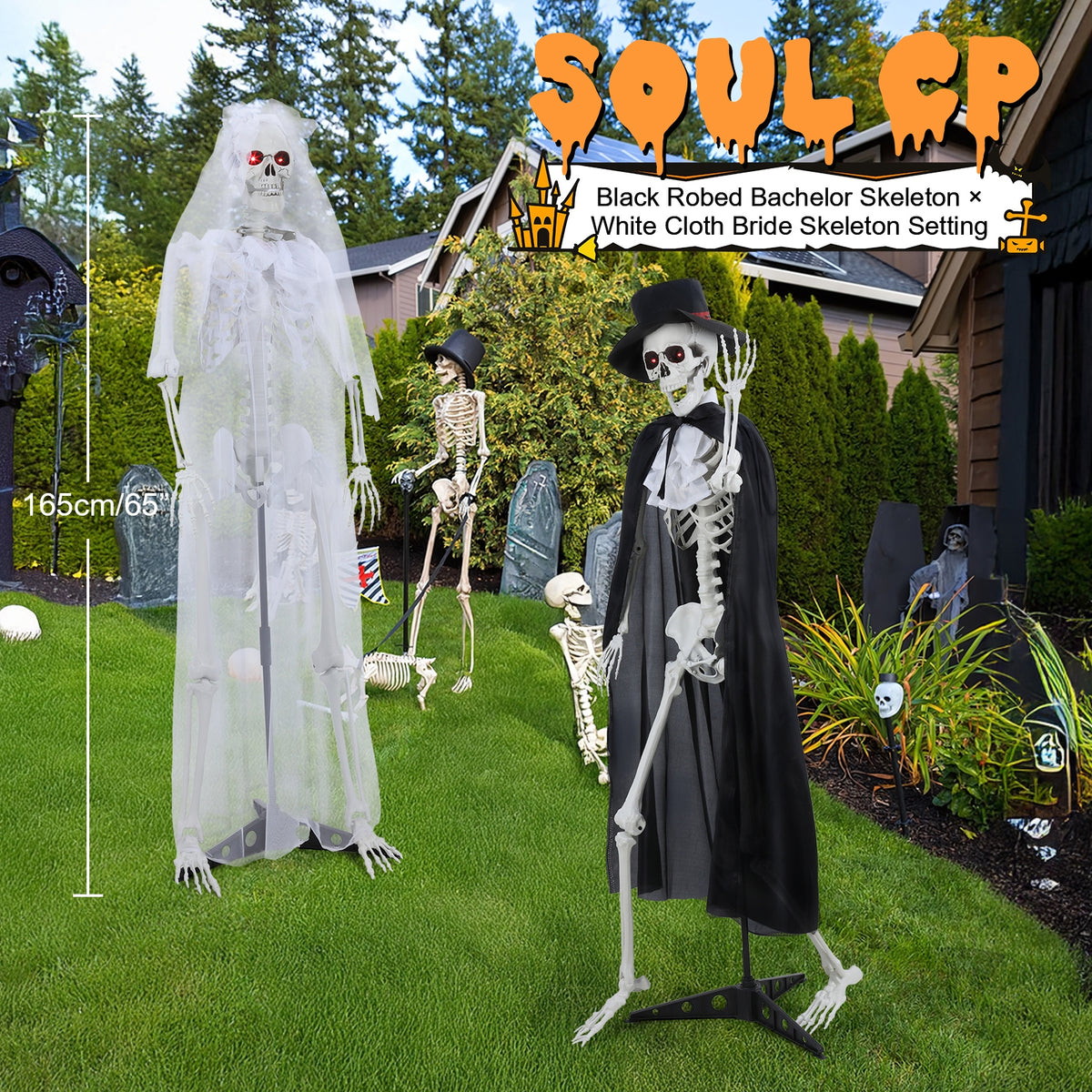 1 Pair 65" Halloween Skeleton, Life Size Full Body Bones Posable Skeleton, Halloween Bride Groom Skeleton, Simulated Skeleton with Movable Joints, Halloween Decoration-1 Pair