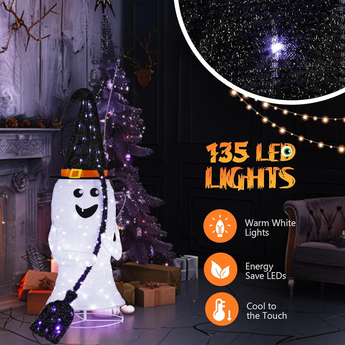 VINGLI 4FT Scary Lighted Halloween Decorations Outdoor, Pop Up Halloween Ghost Decorations, Light Up Ghost Decor with Pre-lit 135 LEDs, Cute Broom, Black Hat for Porch Yard Lawn Patio