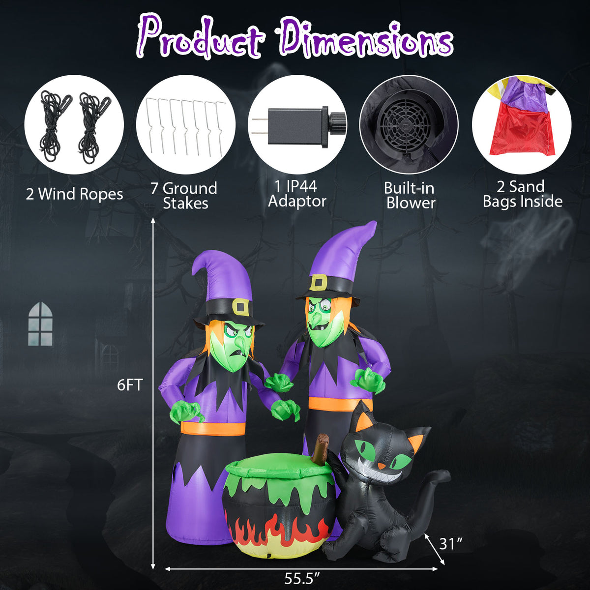 Gymax 6 Ft Inflatable Halloween Witches Blow up 2 Scary Witch w/Black Cat & Cauldron