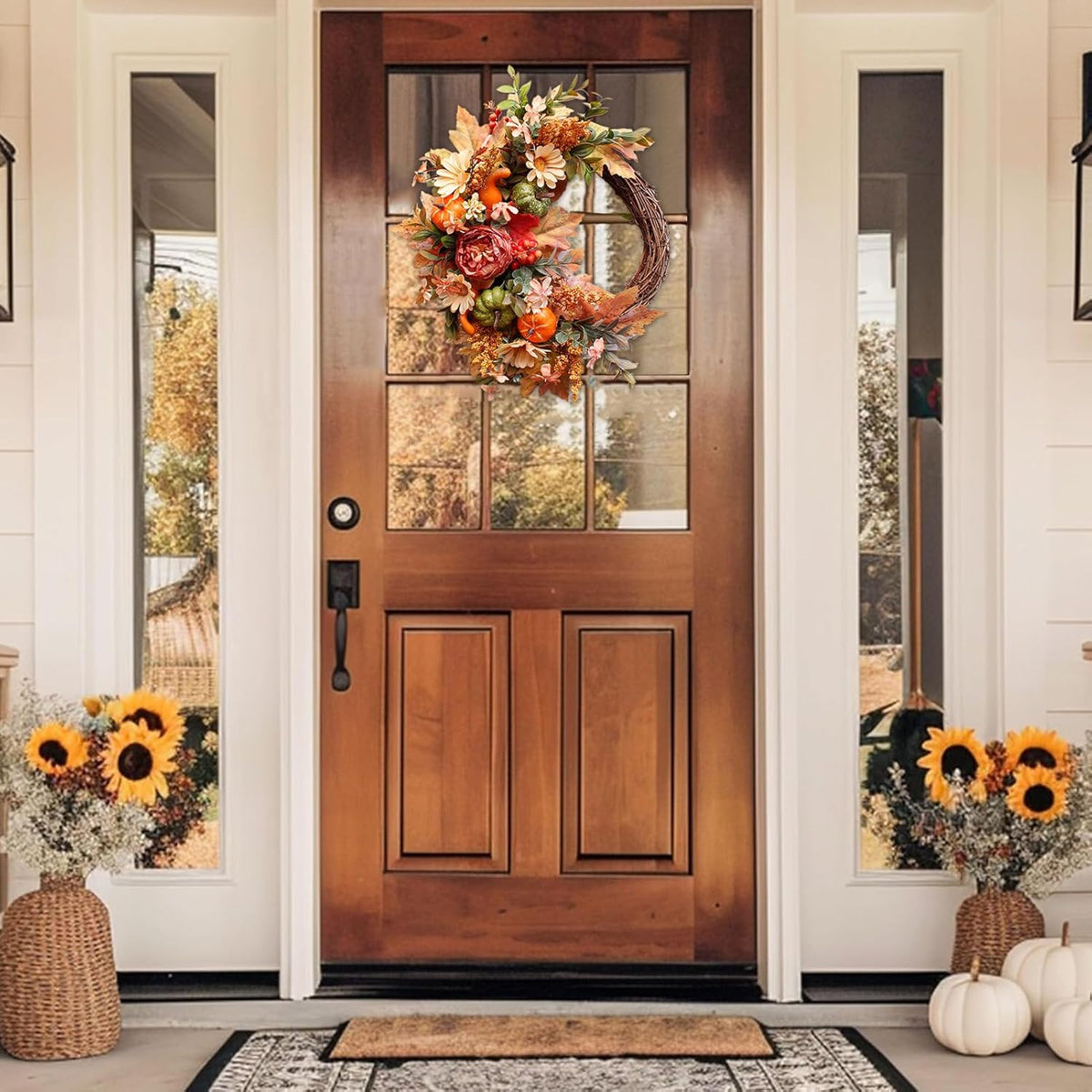 24 Inch Fall Wreaths for Front Door Outside, Fall Door Wreath with Pumpkins,Dahlia,Sunflowers, Maple Leaves,Autumn Wreaths Decorations for Harvest Thanksgiving Halloween Indoor Outdoor Home Decor