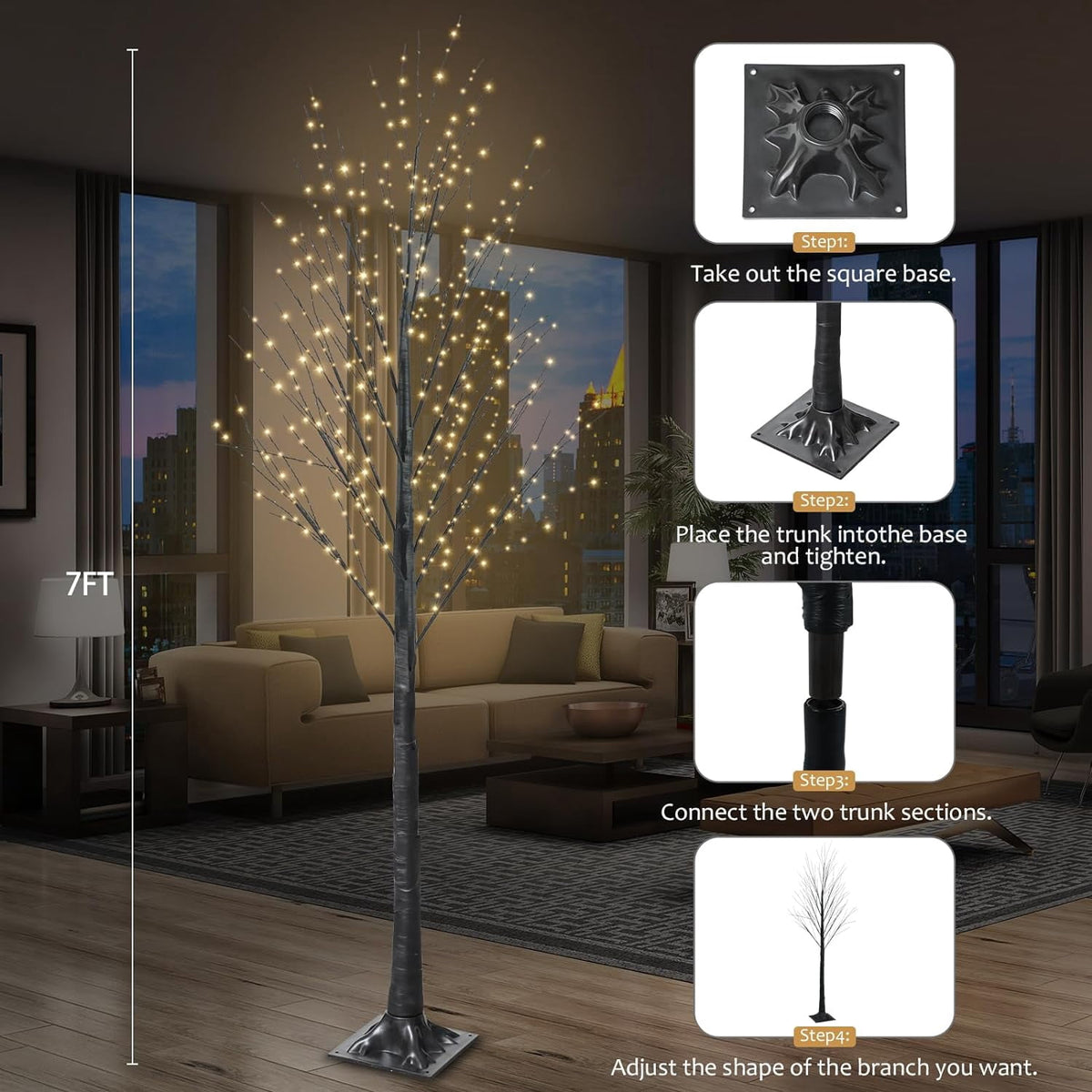 7FT Lighted Twig Tree, 600 Warm White LEDs
