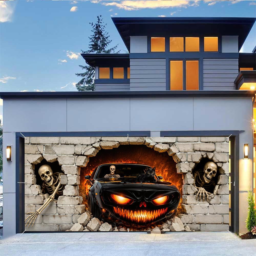 16X7ft Halloween Garage Door Cover Decorations, Spooky Skeletons Pumpkin Large Garage Wall Backdrop Hanging Banner for Halloween Yard Indoor Outdoor Party Decor