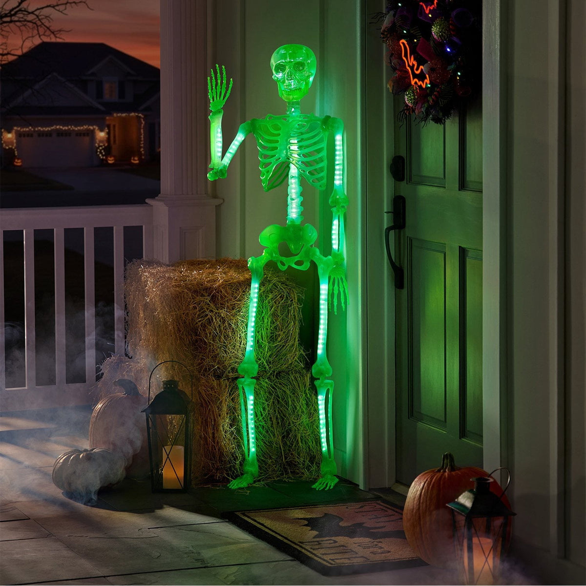 5' Pre-Lit Color Changing Poseable Skeleton, Animated Halloween Decoration with LED Color-Changing Lights