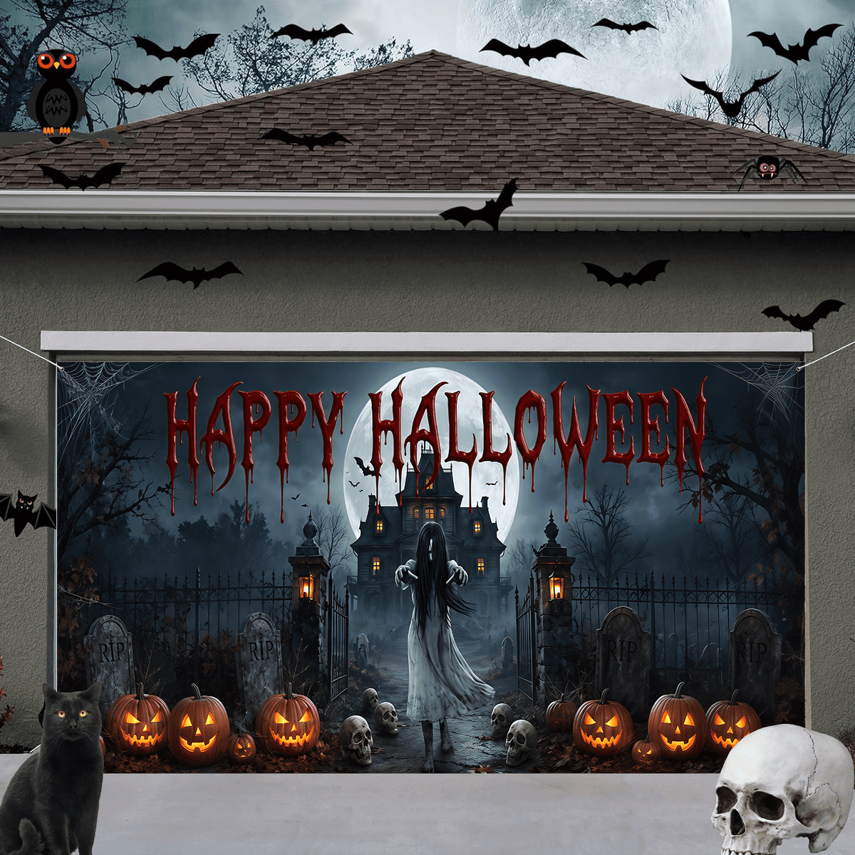 16X7ft Halloween Garage Door Cover Decorations, Spooky Skeletons Pumpkin Large Garage Wall Backdrop Hanging Banner for Halloween Yard Indoor Outdoor Party Decor