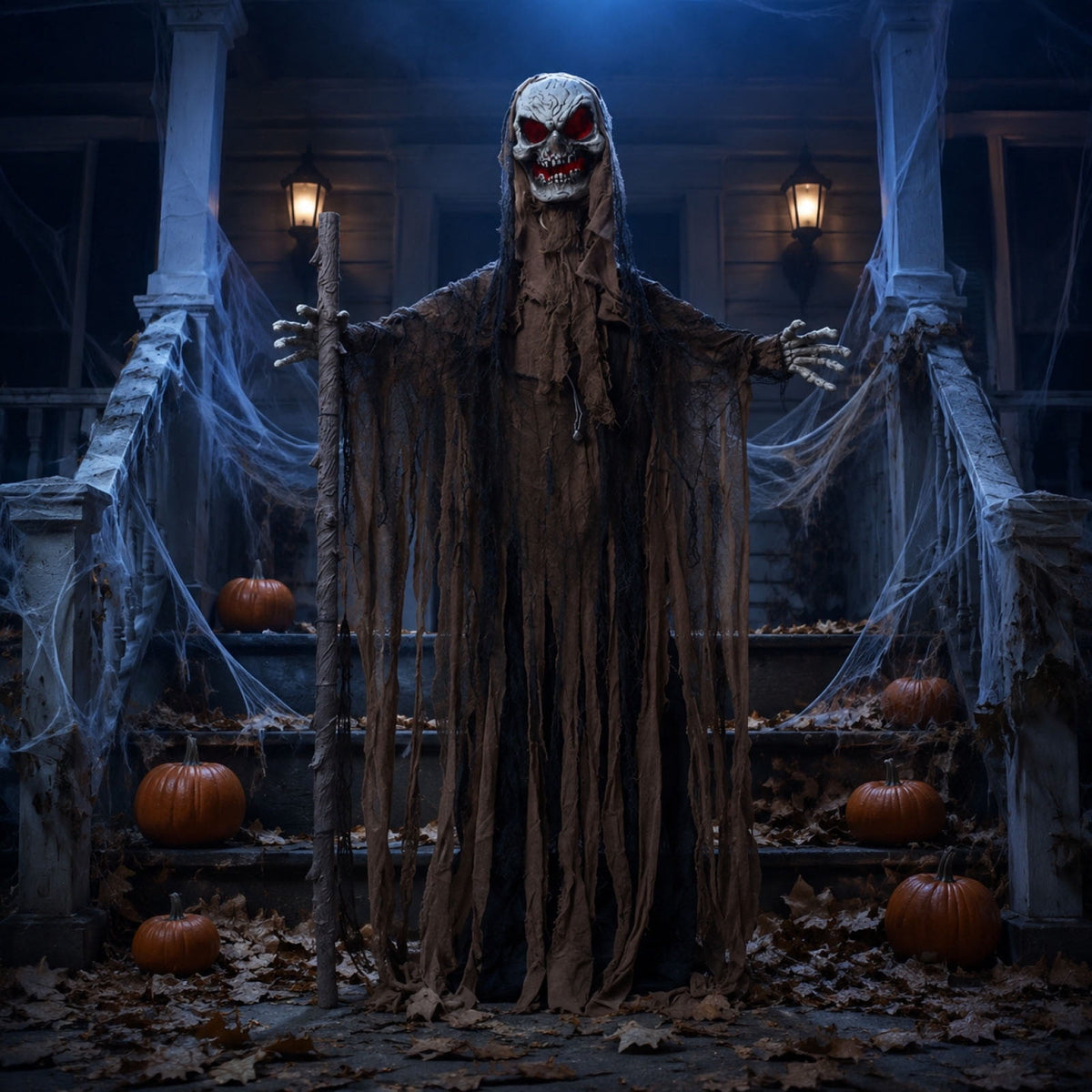 Voglyf Life-Size Scary Poseable Talking Witch 5.6FT, Red LED Glowing Eyes Scary Hag Prop with Wooden Staff, Tattered Gray Cloth Robe Witch for Front Yard Porch Haunted Spooky Party Decor