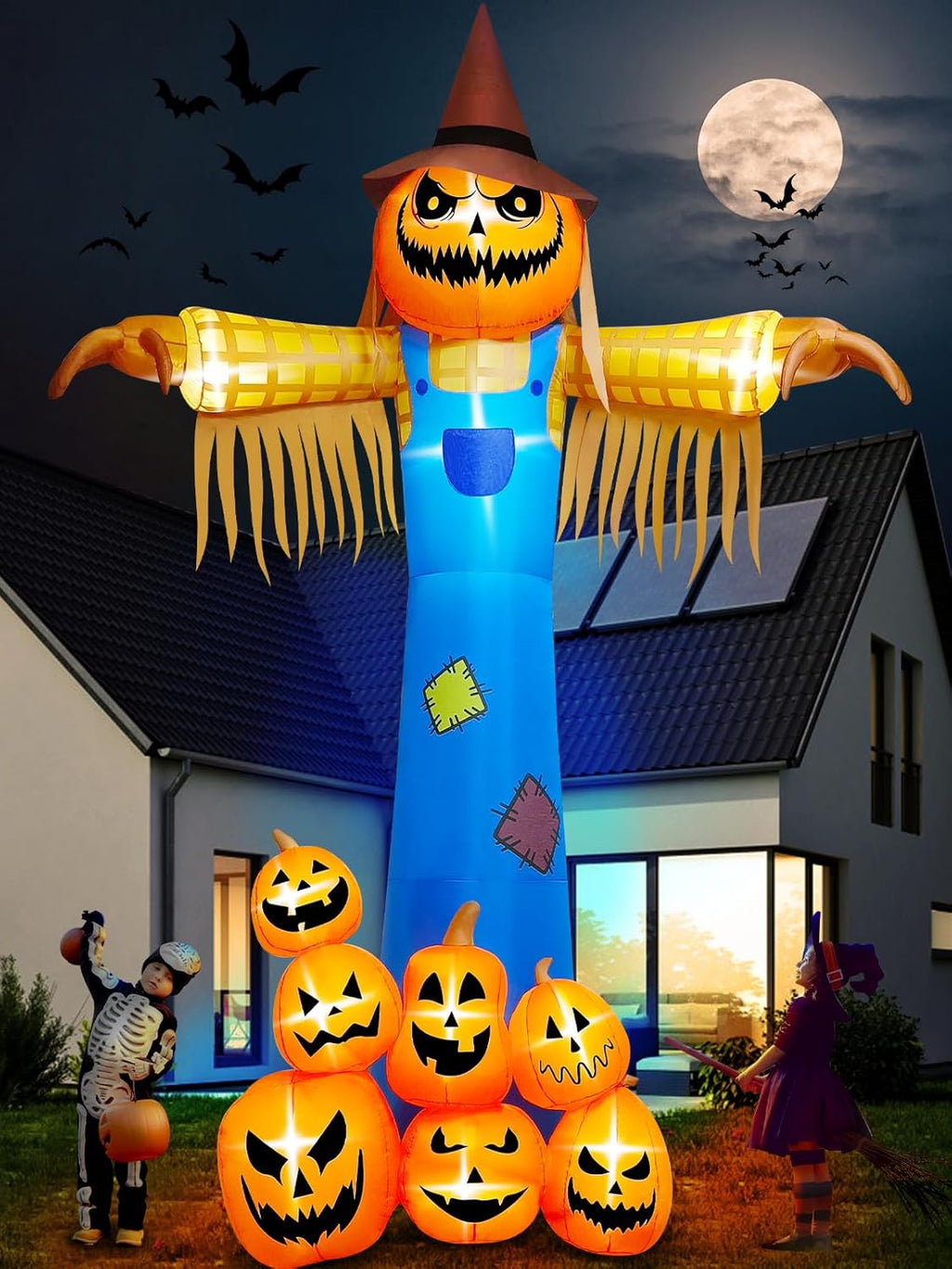 12.5 FT Halloween Inflatables with Music, Kalolary Giant Pumpkin Scarecrow Inflatable with LED Light Blow Up Yard Decor with Scary Sound for Outdoor Garden Lawn Holiday Party Supplies