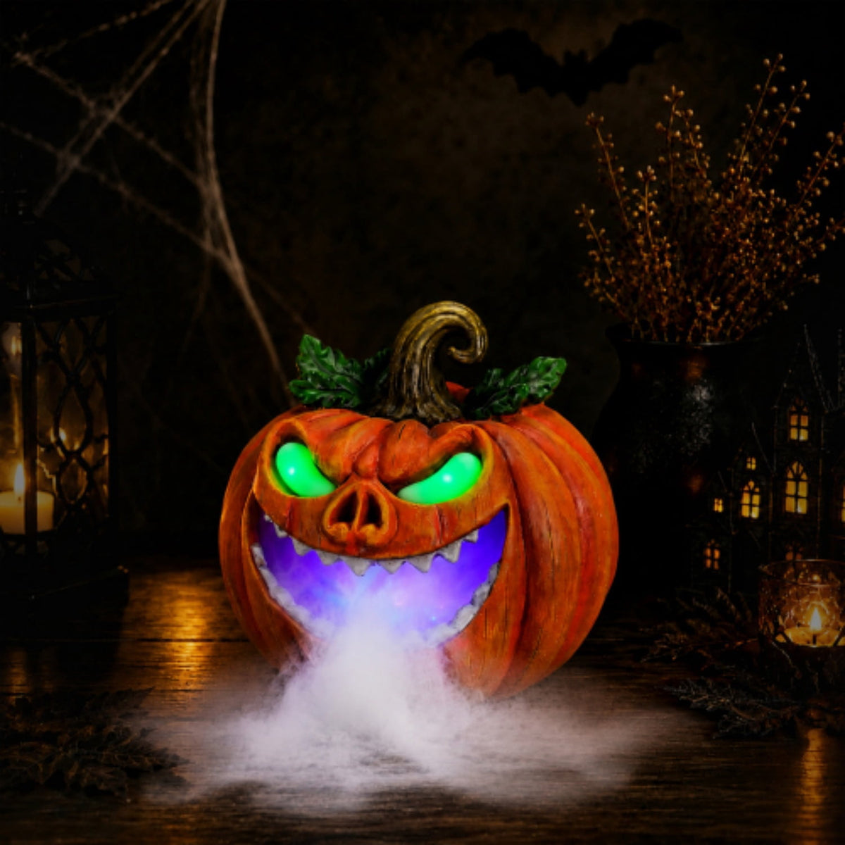 SpookHaven Halloween Jack‑O‑Lantern Pumpkin Mist Sprayer Figurine, LED Light‑Up Fogger with Witch Hat & Skull Decoration, Spooky Ornament for Tabletop Entryway Halloween Party Home Decor
