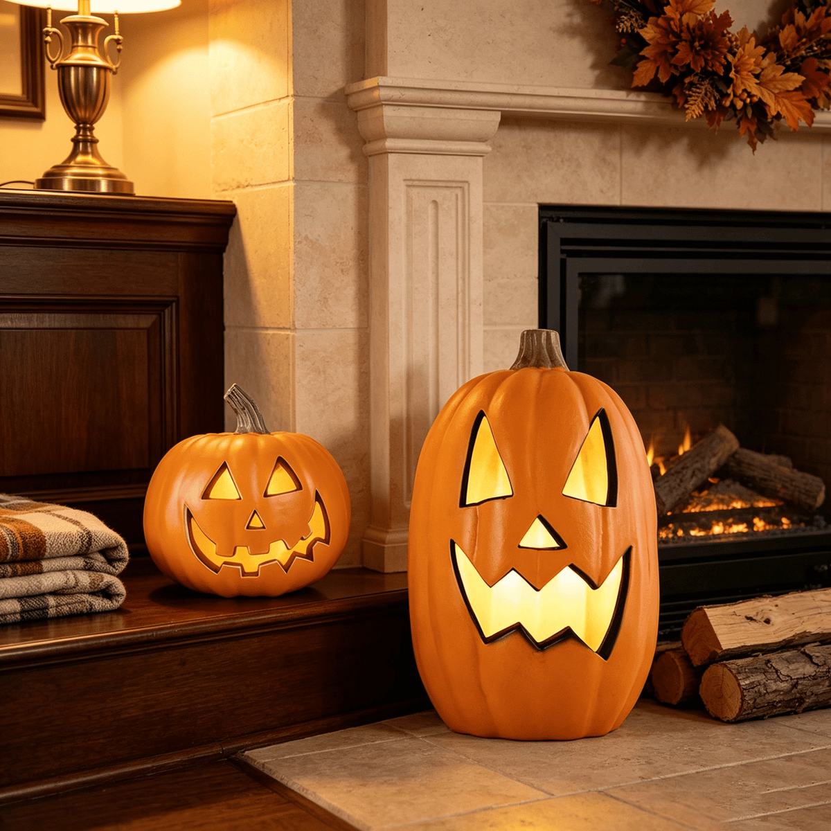 10in & 16in Jack O’Lantern Duo – Halloween Jack O Lantern LED Lighted Pumpkin Set
