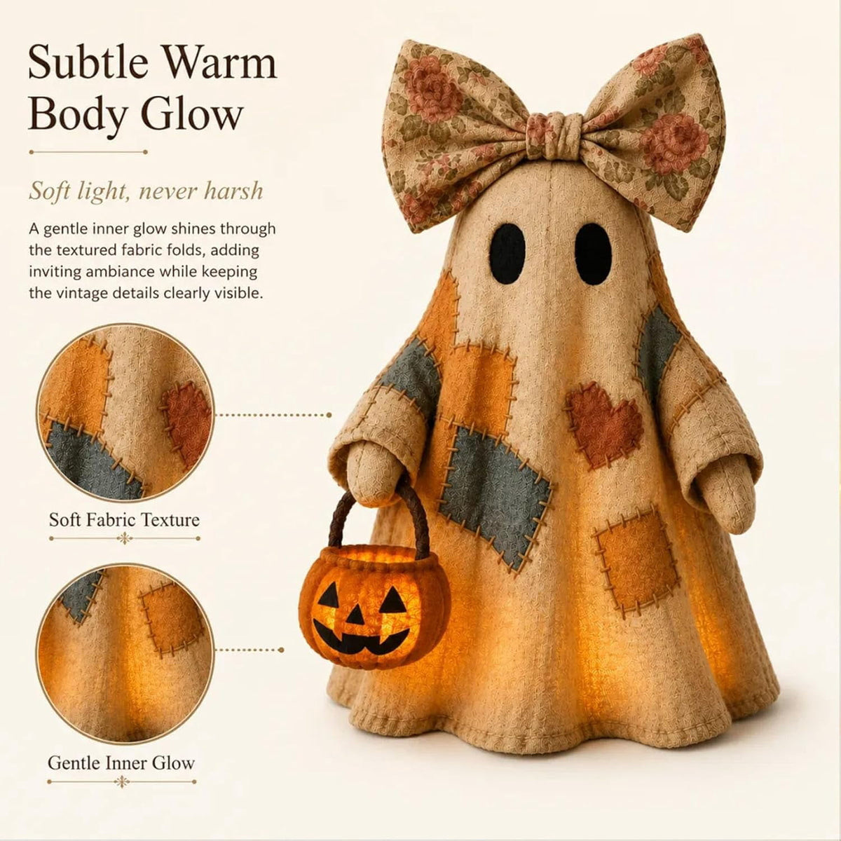 Lighted Vintage Patchwork Ghost, 13.8in LED Sweet Ghost with Pumpkin Lantern, Patchwork Ghosts Lamp for Halloween Decor, Harvest Fall Halloween Decorations for Mantel Shelf Entryway Porch (3Pack)