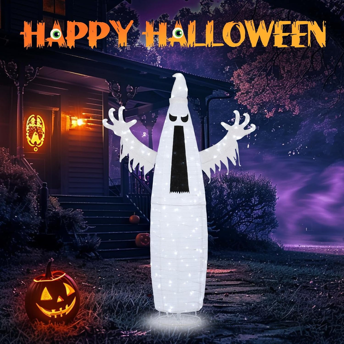 VINGLI 4FT Scary Lighted Halloween Decorations Outdoor, Pop Up Halloween Ghost Decorations, Light Up Ghost Decor with Pre-lit 135 LEDs, Cute Broom, Black Hat for Porch Yard Lawn Patio