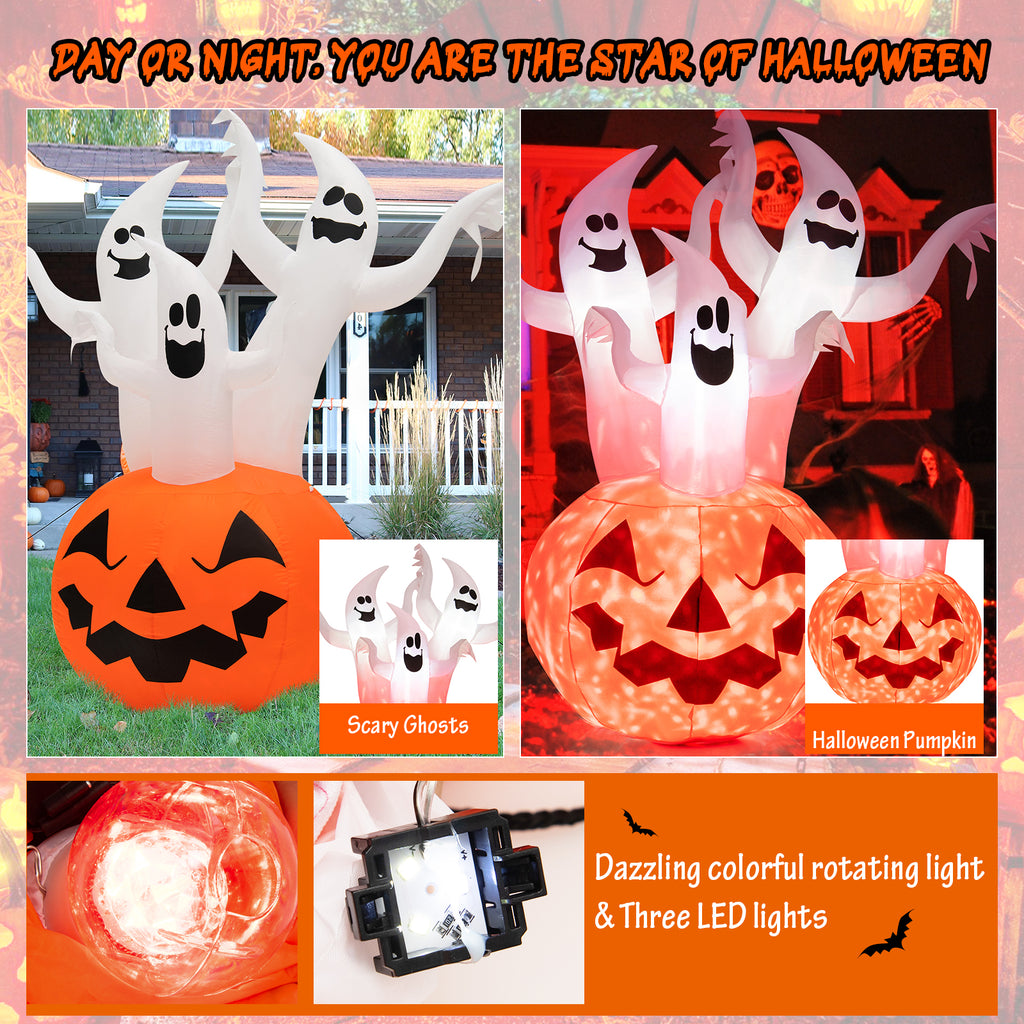 Patiojoy 6FT Halloween Inflatable Decorations 3 White Puppets on Pumpkin Halloween Pumpkin Dolls Decor w/ Build-in LED Lights