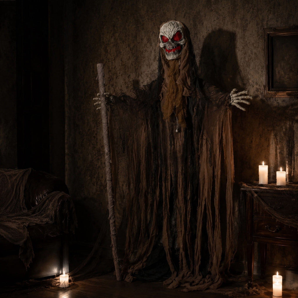 Voglyf Life-Size Scary Poseable Talking Witch 5.6FT, Red LED Glowing Eyes Scary Hag Prop with Wooden Staff, Tattered Gray Cloth Robe Witch for Front Yard Porch Haunted Spooky Party Decor
