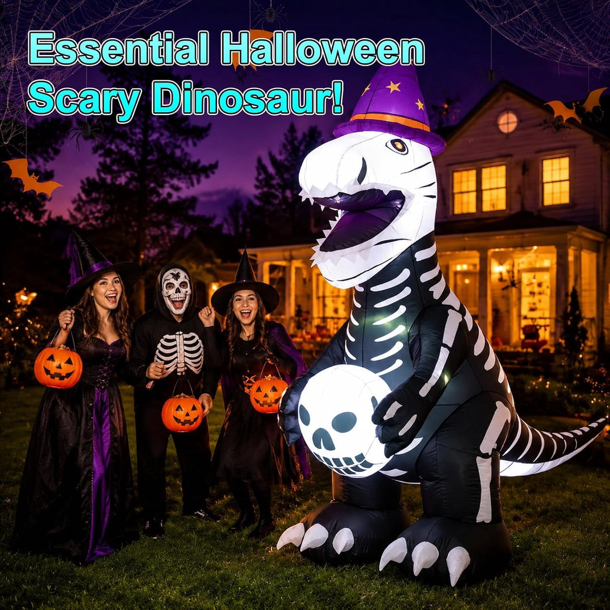 7.9 FT Halloween Inflatable Skeleton Dinosaur Outdoor Decoration, Giant Black and White Dino Yard Decor with LED Light for Lawn, Porch, Party, Haunted House Display