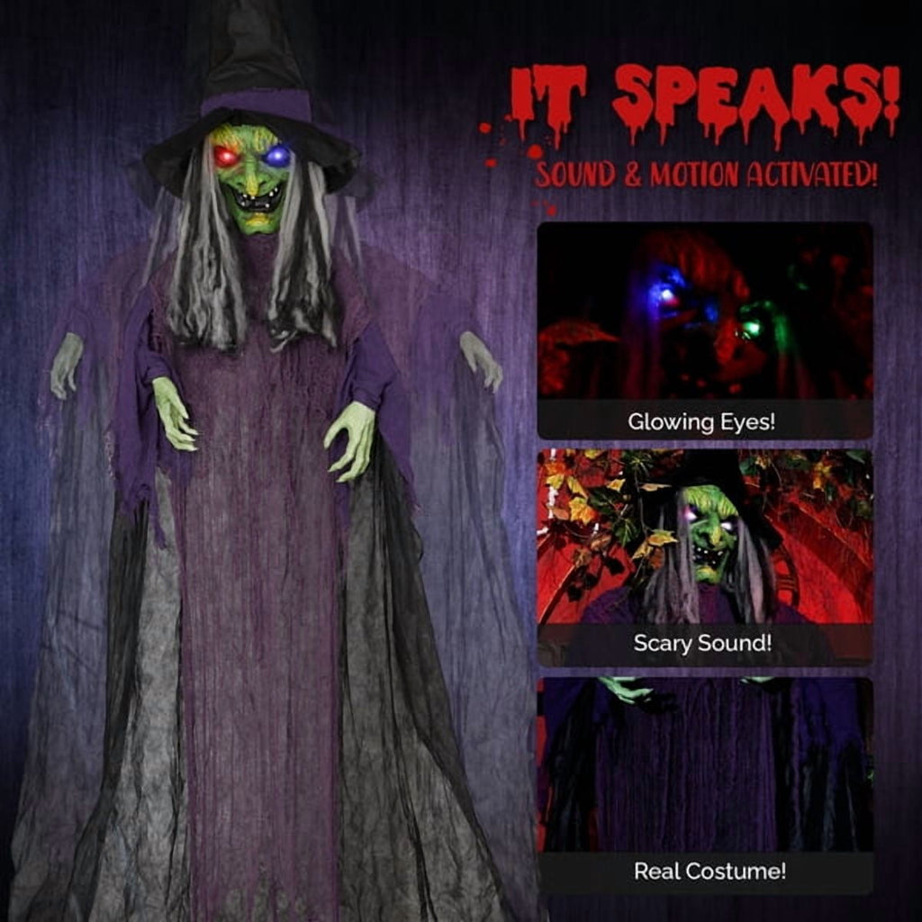 12ft Life-Size Halloween Hanging Witch Decoration, Talking, Light-Up Eyes, Touch-Sensor Activated, Durable Fabric for Indoor/Outdoor Use