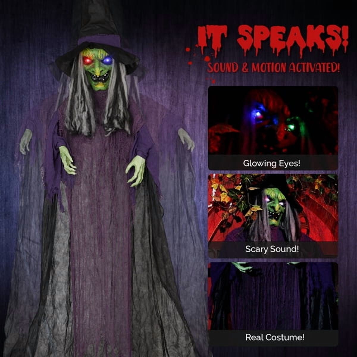 12ft Life-Size Halloween Hanging Witch Decoration, Talking, Light-Up Eyes, Touch-Sensor Activated, Durable Fabric for Indoor/Outdoor Use