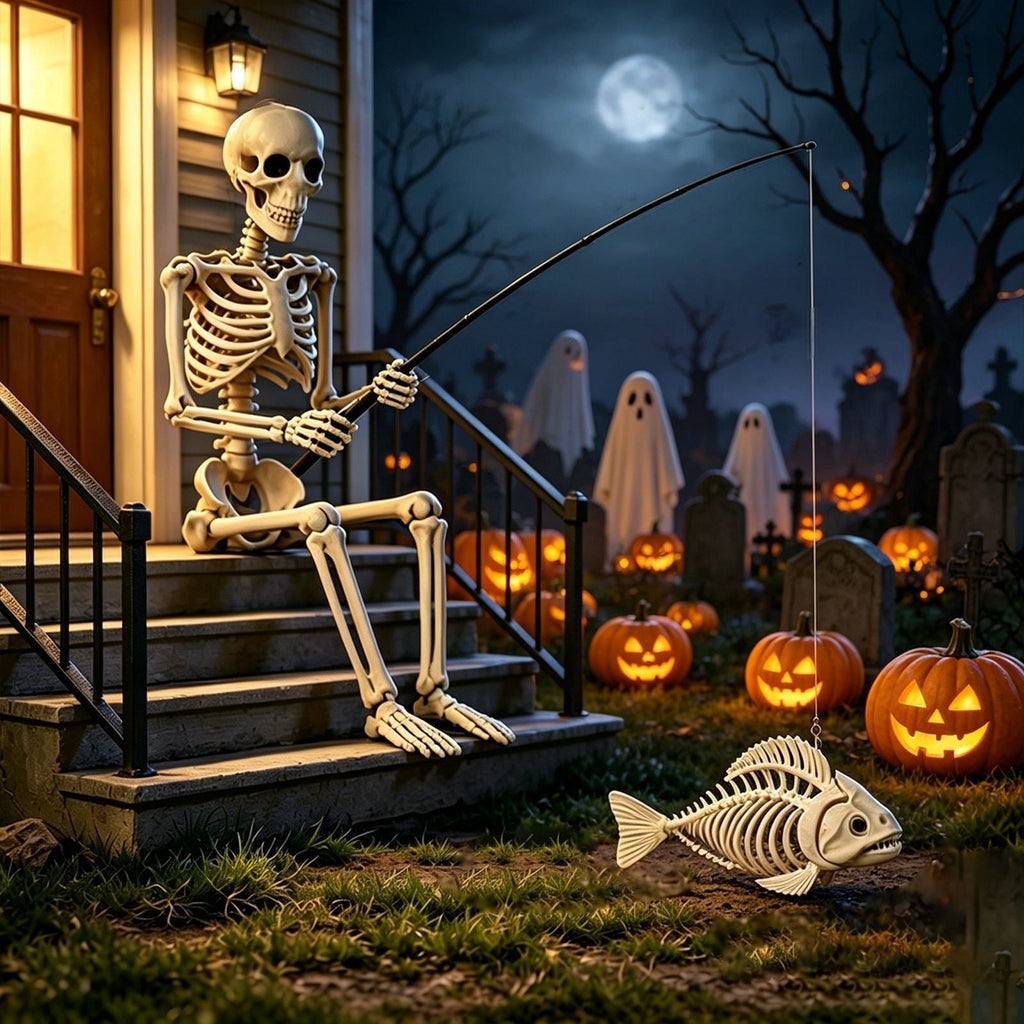 Fishing Skeleton Statue, 35'' Skeleton with 10'' Fish Skeleton, Resin Skull Fisher Sculpture for Aquarium and Garden Pond Edge Ornament Fish Tank Halloween Decorations