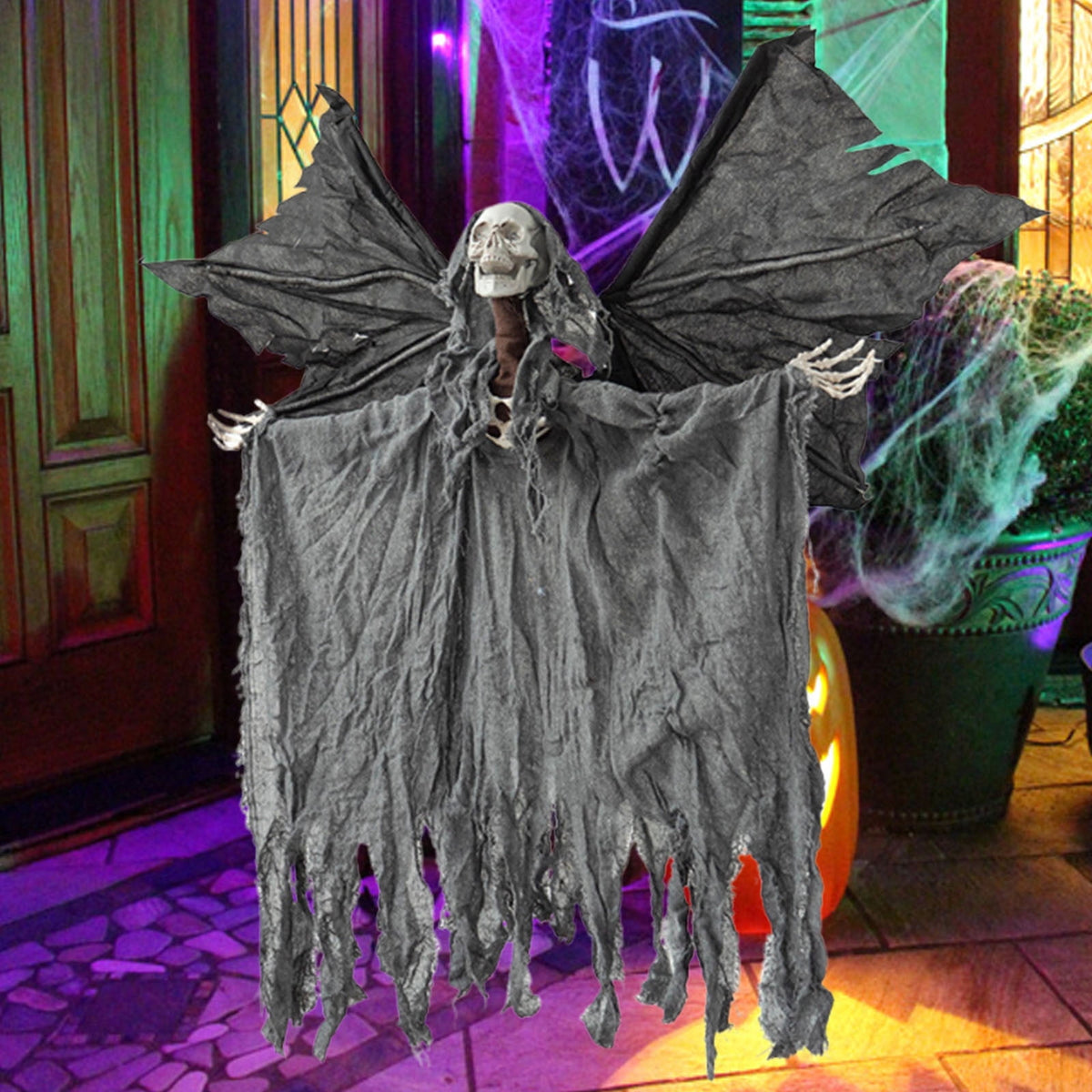 Zhourta Electric Flying Skeleton Ghost Animated Halloween Prop with Flapping Wings for Haunted Yard