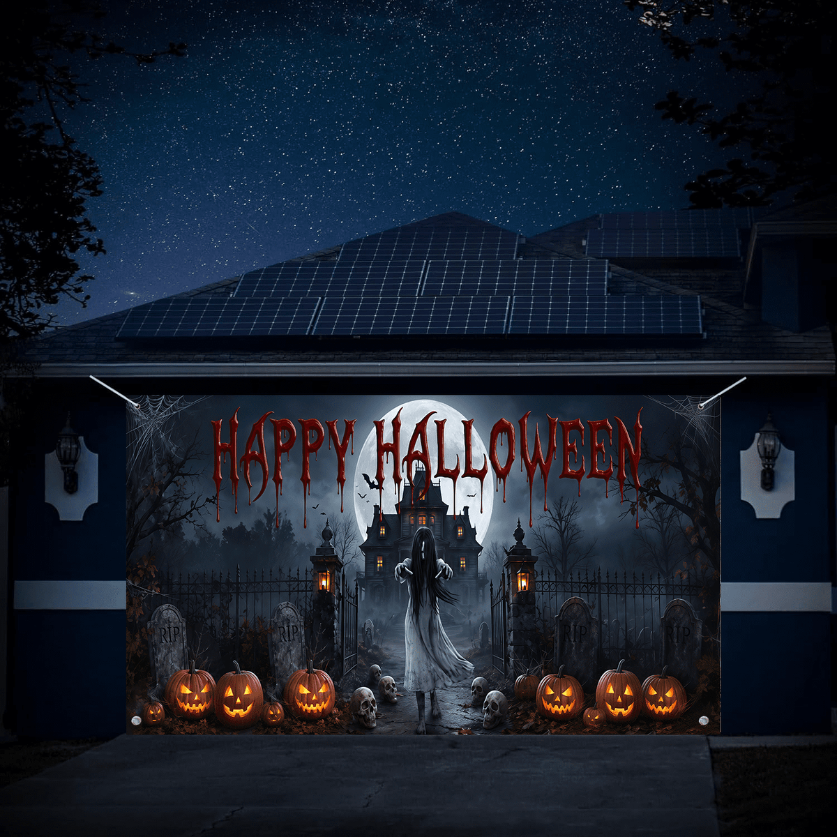 16X7ft Halloween Garage Door Cover Decorations, Spooky Skeletons Pumpkin Large Garage Wall Backdrop Hanging Banner for Halloween Yard Indoor Outdoor Party Decor