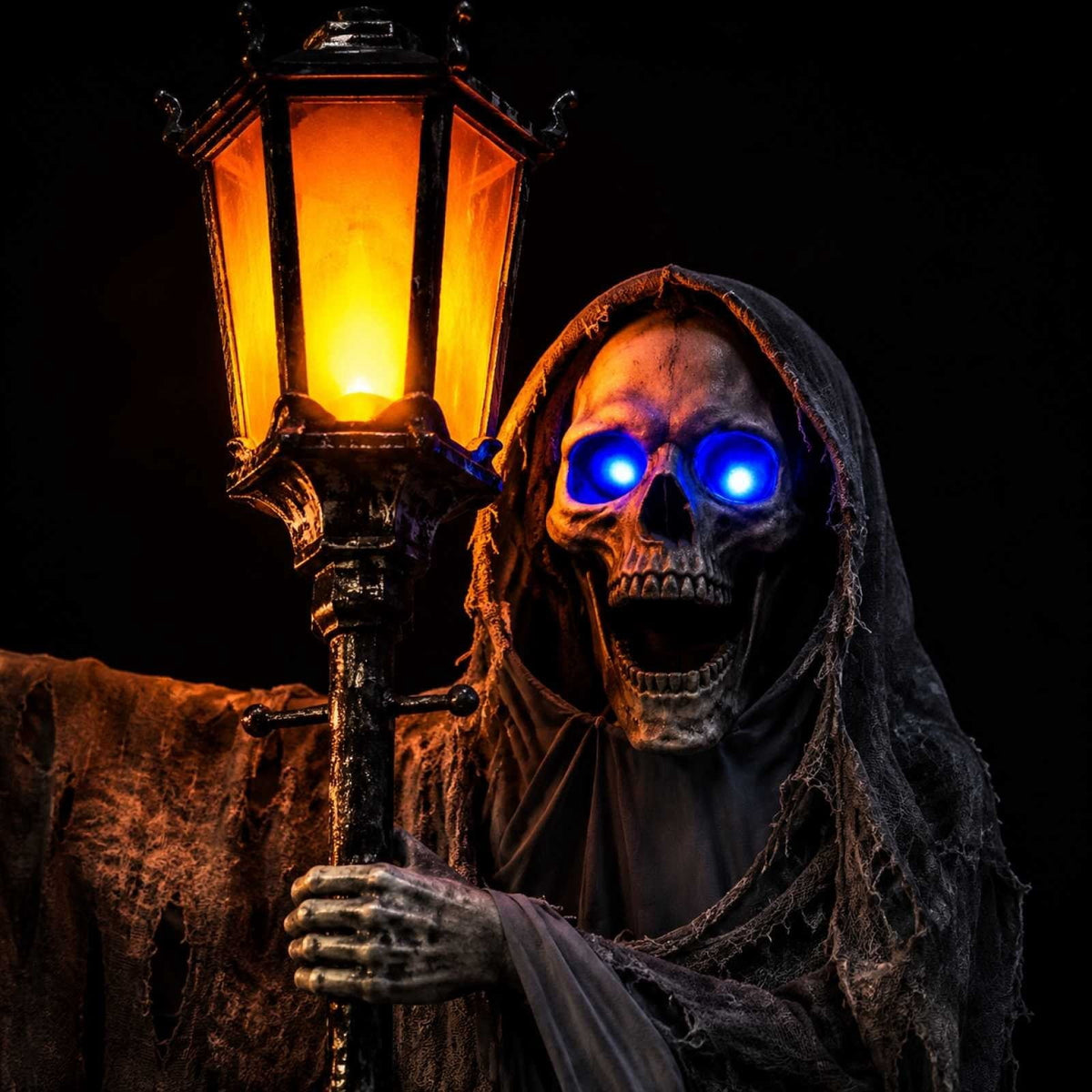 Light Up Blue LED Eyes Skeleton Ghost Freestanding Street Lamp Prop Tattered Robe Grim Reaper Figure Outdoor Yard Porch Halloween Ghost House Decor.78.74*39.37*1.96In