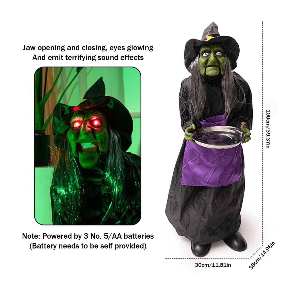 39.37" Animated Halloween Witch Candy Holder, Halloween Decorations, Life-Size Witch with Light-Up Eyes, Moving Jaw & Sound for Yard & Porch Decor