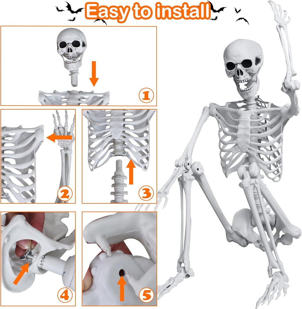 5.4ft/165cm Halloween Skeleton with Realistic Crows Full Body Plastic Human Bones with Movable Joints for Indoor Outdoor Halloween Decor
