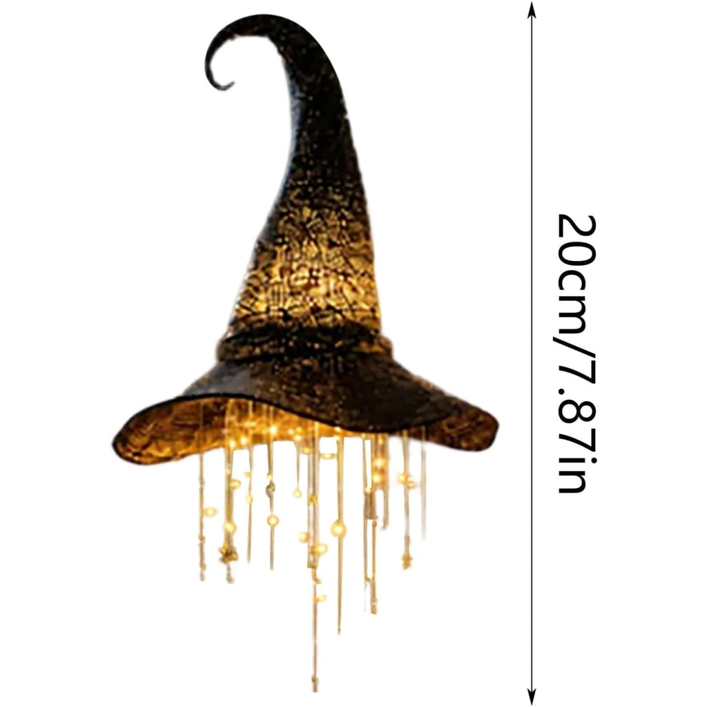 Lighted Witch Hat Hanging Chime, LED Black Mesh Witch Hat with Glowing Star Garland, Indoor Outdoor Halloween Decor for Porch Tree Window